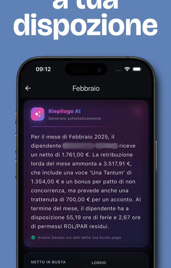 Schermata riepilogo AI — spiegazione automatica della busta paga in italiano